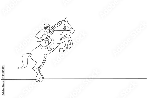 Single continuous line drawing of young professional horseback rider try to tame the horse at the stables. Equestrian sport training process concept. Trendy one line draw design vector illustration