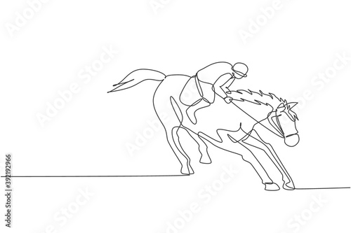 One continuous line drawing of young horse rider man in action. Equine training at racing track. Equestrian sport competition concept. Dynamic single line draw design graphic vector illustration