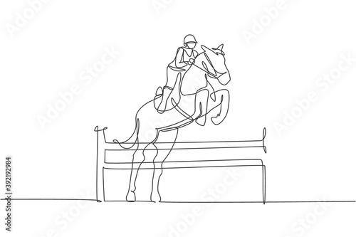 One single line drawing young horse rider man performing dressage jumping the obstacle test vector illustration graphic. Equestrian sport show competition concept. Modern continuous line draw design