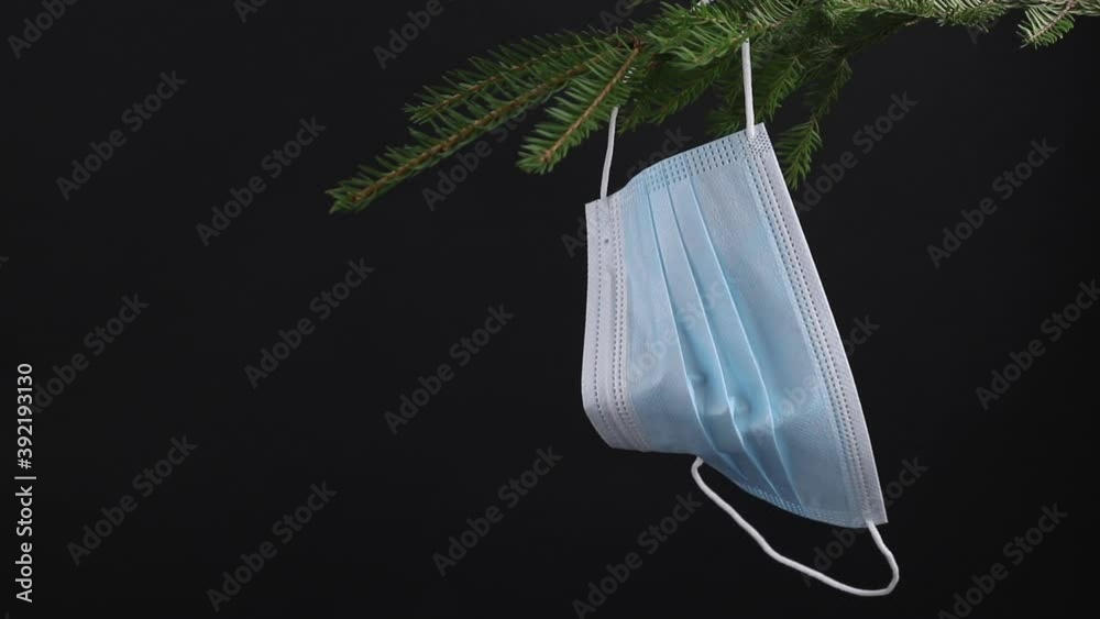 blue medical mask tremble by the wind on green fir branch against black background