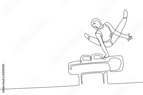 Single continuous line drawing young handsome professional gymnast man perform acrobatic motion. Pommel horse training and stretching concept. Trendy one line draw design vector graphic illustration