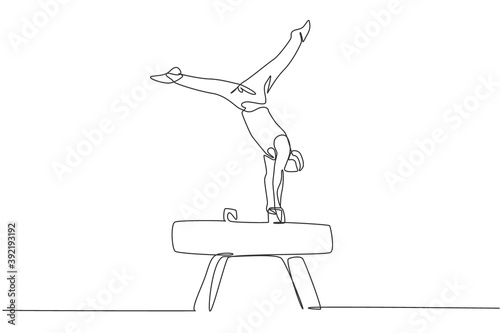 One single line drawing of young handsome gymnast man exercising pommel horse vector illustration graphic. Healthy lifestyle and athletic sport concept. Modern continuous line draw design photo