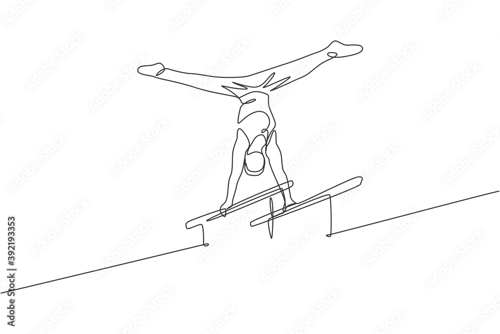 One single line drawing of young handsome gymnast man exercising parallel bars vector graphic illustration. Healthy lifestyle and athletic sport concept. Modern continuous line draw design