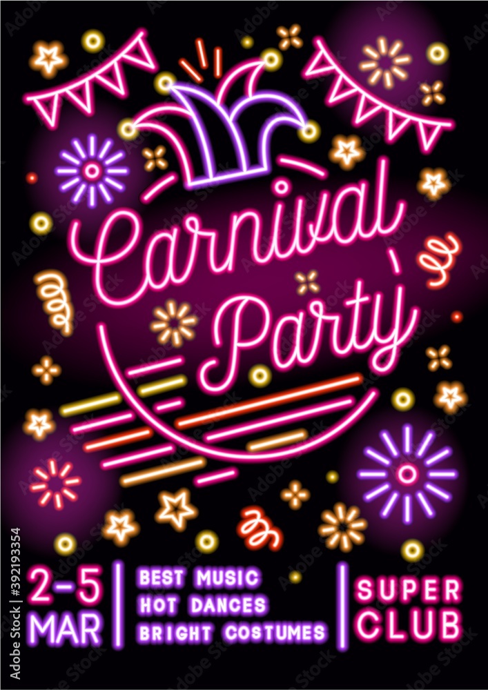 Neon glowing festive placard in 80s style. Vertical advertising template for carnival party. Poster with electric outline text for carnaval event or masquerade. Vector illustration