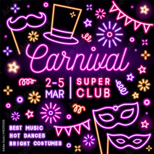 Neon square card invitation for carnival party with glowing text. Celebratory advertising template of flyer for carnaval or masquerade event in club. Vector illustration