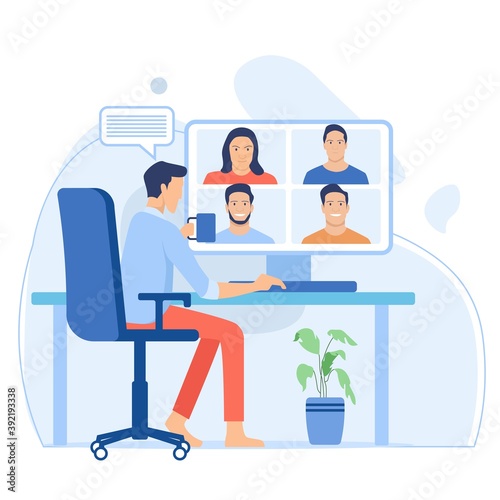 Man having a conference call with his business team online, telecommuting, remote work and business communications concept