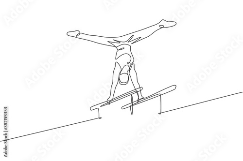 One single line drawing of young handsome gymnast man exercising parallel bars vector graphic illustration. Healthy lifestyle and athletic sport concept. Modern continuous line draw design