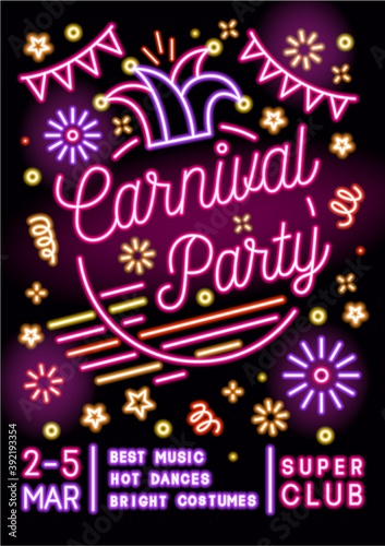 Neon glowing festive placard in 80s style. Vertical advertising template for carnival party. Poster with electric outline text for carnaval event or masquerade. Vector illustration