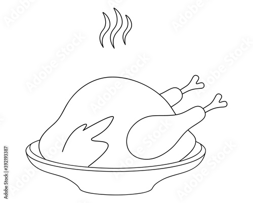 Roasted turkey. Sketch. Juicy meat on a plate. Fragrant smoke. Vector illustration. Coloring book for children. Outline on an isolated white background. Doodle style. Thanksgiving day symbol. Icon. 