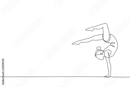 One single line drawing of young beauty gymnast girl exercise floor rhythmic gymnastic at gym vector illustration. Healthy athlete teen lifestyle and sport concept. Modern continuous line draw design photo
