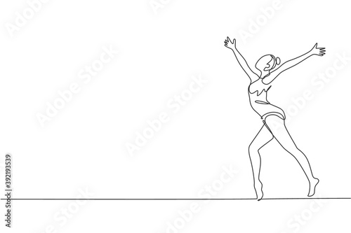 One single line drawing of young beauty gymnast girl exercise floor rhythmic gymnastic at gym vector illustration. Healthy athlete teen lifestyle and sport concept. Modern continuous line draw design