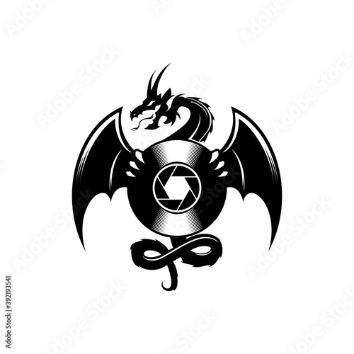 vintage dragon holding a vinyl disc jockey vector icon