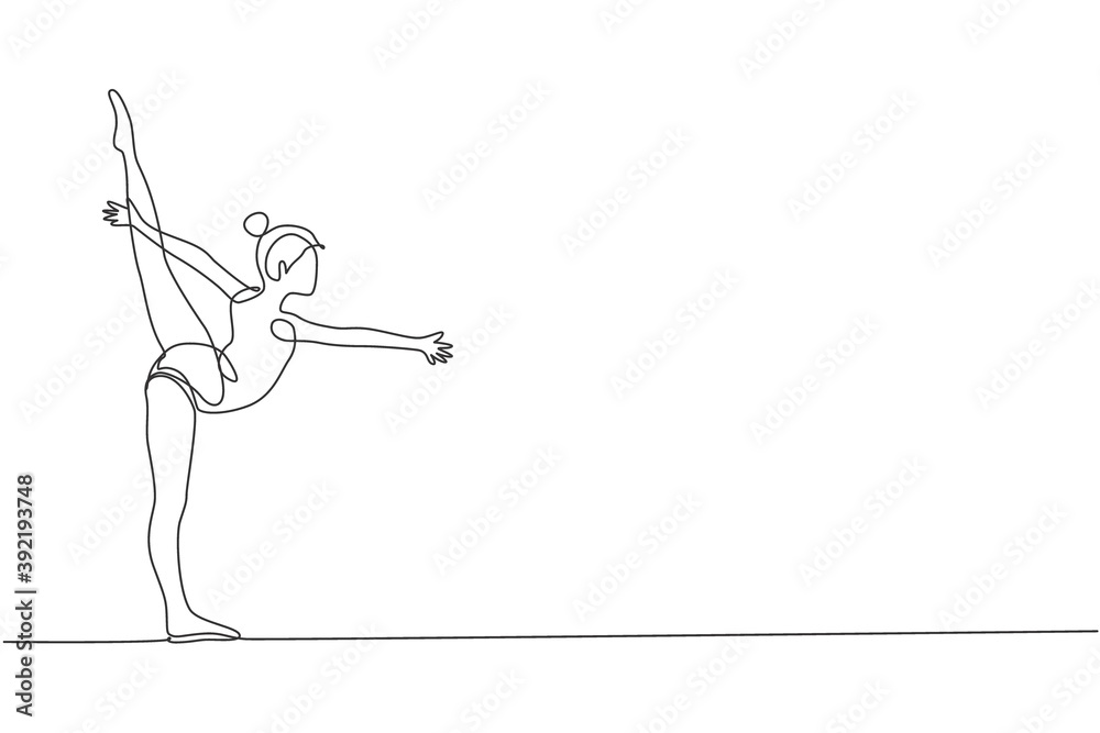 One single line drawing of young beauty gymnast girl exercise floor rhythmic gymnastic at gym