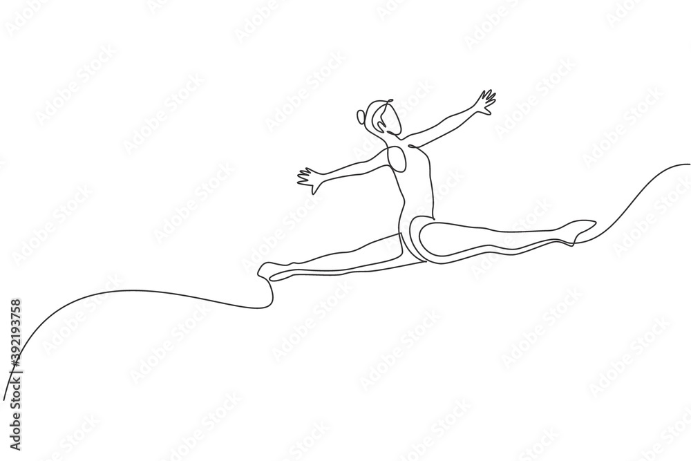One continuous line drawing of rhythmic motion young beauty gymnast girl. Floor exercise performer in leotard. Healthy active sport dance concept. Dynamic single line draw design vector illustration One continuous line drawing of rhythmic motion young beauty gymnast girl. Floor exercise performer in leotard. Healthy active sport dance concept. Dynamic single line draw design vector illustration