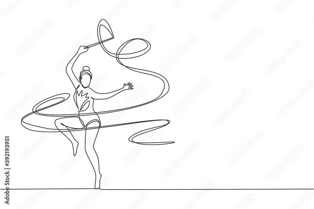 Fototapeta premium One continuous line drawing of young ballerina girl in motion. Rhythmic gymnast in leotard with ribbon. Healthy sport and active dance concept. Dynamic single line draw design vector illustration