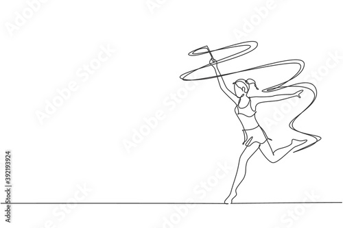 Fototapeta Naklejka Na Ścianę i Meble -  Single continuous line drawing of young beauty professional gymnast girl perform dance with ribbon. Rhythmic gymnastic training and stretching concept. Trendy one line draw design vector illustration