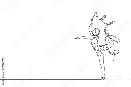 One single line drawing young beauty gymnast girl exercising rhythmic gymnastics with ribbon vector illustration graphic. Healthy teen lifestyle and sport concept. Modern continuous line draw design