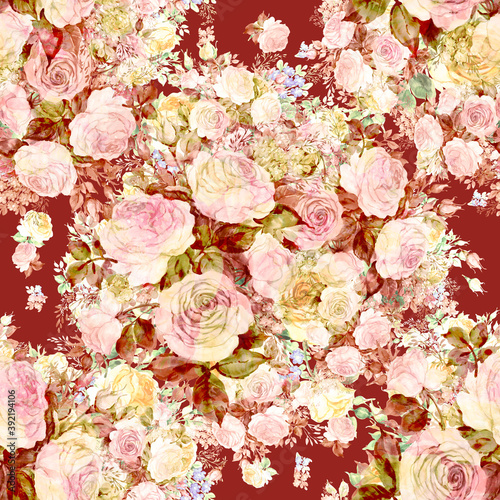 Seamless pattern watercolor bouquet of delicate tea roses
