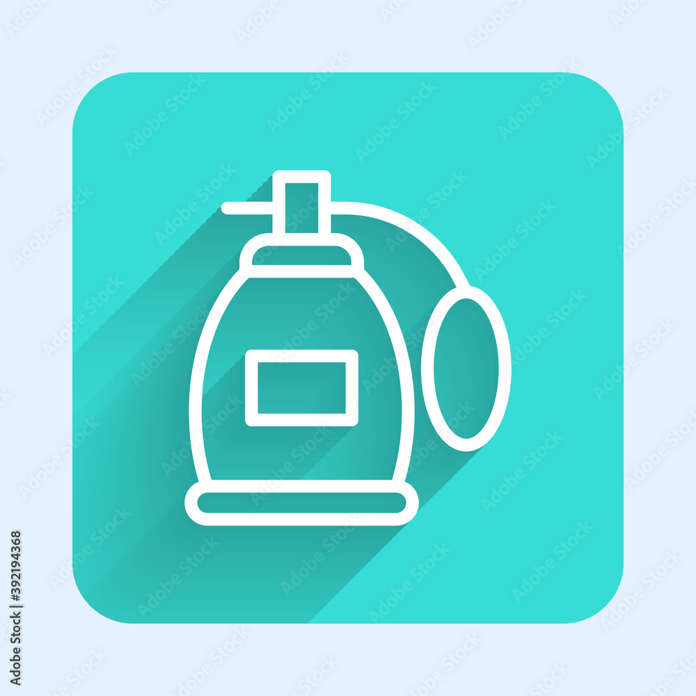 White line Perfume icon isolated with long shadow. Green square button. Vector. White line Perfume icon isolated with long shadow. Green square button. Vector.