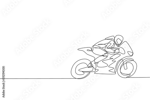 One single line drawing of young moto racer practice to improve speed bike at circuit vector illustration. Superbike racing concept. Modern continuous line draw design for motor racer event banner