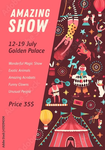 Vertical poster for circus show with a place for text. Advertising template with cirque artists, trained animals and tent. Placard for shapito performance. Vector illustration in flat cartoon style