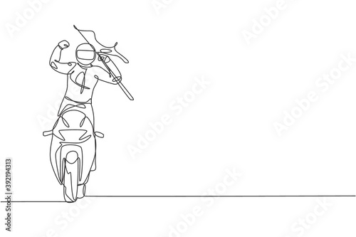 Single continuous line drawing of young superbike biker lift up flag to celebrate a win. Moto tournament concept. Trendy one line draw design vector illustration for motorbike race promotion media