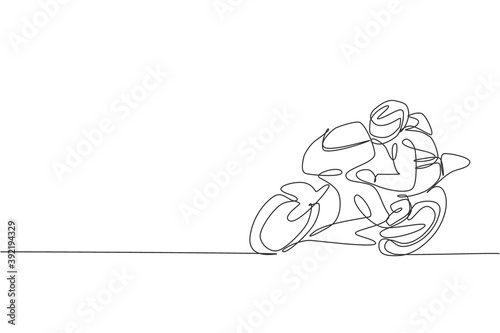 One continuous line drawing of young moto biker practicing at circuit track. Super bike racing concept graphic vector illustration. Dynamic single line draw design for motorbike race promotion poster