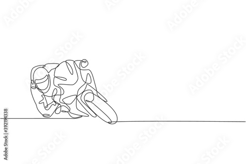 One single line drawing of young biker practice leaning into fast corner at race track vector illustration. Superbike racing concept. Modern continuous line draw design for motor racer event banner