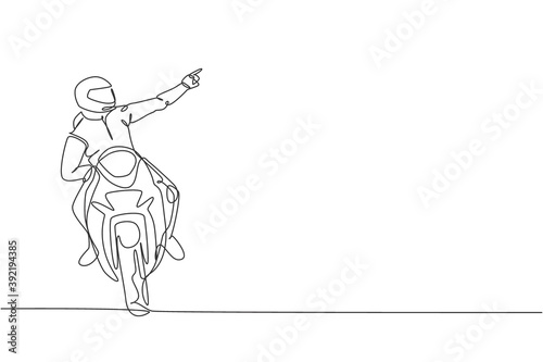 Wallpaper Mural Single continuous line drawing of young superbike racer pointing finger to the spectators. Moto tournament concept. Trendy one line draw design vector illustration for motorbike race promotion media Torontodigital.ca