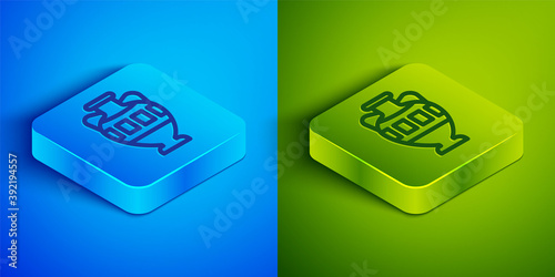 Isometric line Ancient amphorae icon isolated on blue and green background. Square button. Vector.