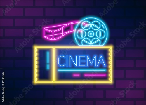 Neon glowing signboard for cinema with film disk and tape on brick wall. Movie theatre illuminating electric decorative signage. Colorful vector illustration