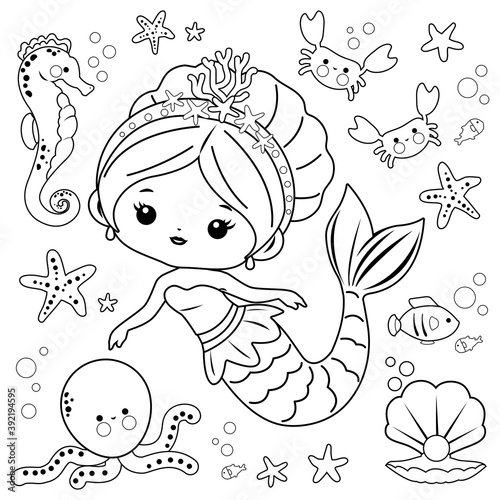 Beautiful mermaid and sea animals. Vector black and white coloring page