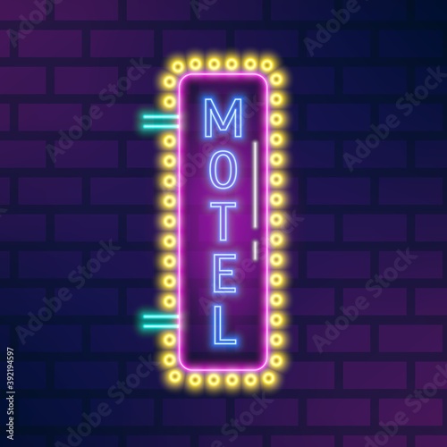 Neon glowing signboard with Motel sign and electric lamps on brick wall. Advertising signage design illuminating at night. Colorful bright vector illustration