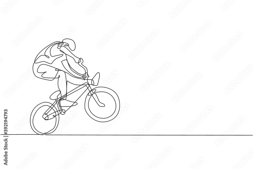 Obraz premium One single line drawing of young bmx bicycle rider performing freestyle trick on street vector illustration. Extreme sport concept. Modern continuous line draw design for freestyle competition banner