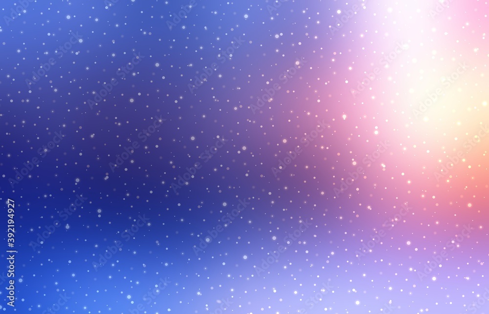 Snow shimmering in pink sunlight on deep blue winter background. Cold twilight outside abstract illustration.
