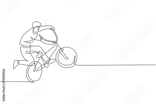 One single line drawing of young bmx bicycle rider performing freestyle trick on street vector illustration. Extreme sport concept. Modern continuous line draw design for freestyle competition banner