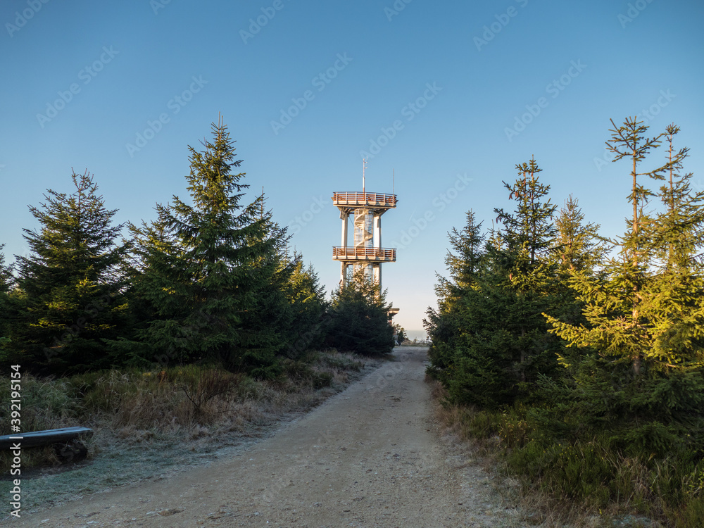 lookout tower at the mountain smrk at jizerske hory in czechia lookout tower at the mountain smrk at jizerske hory in czechia