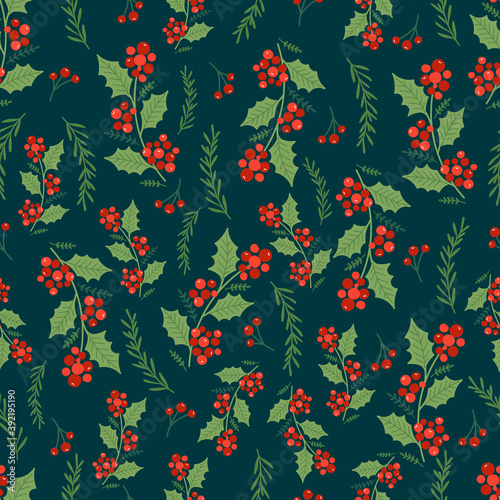 Christmas seamless pattern on pink background with Poinsettia flowers, pine branches and berries. background