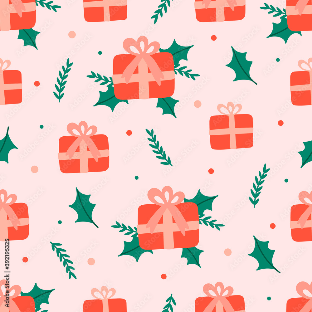 Christmas seamless pattern on pink background with Poinsettia flowers, pine branches and berries. background