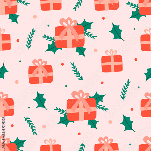 Christmas seamless pattern on pink background with Poinsettia flowers  pine branches and berries. background