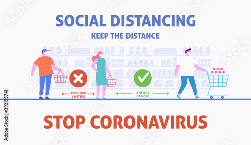 People in face masks shopping at supermarket during COVID-19 epidemic. Distancing queue at cashier. Concept of social distancing, virus prevention, wearing mask, buy foods and supplies. flat vector