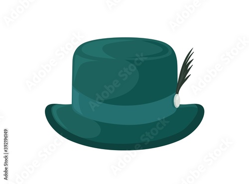 Old fashioned green bavarian brimmed hat decorated with feather. Traditional ...