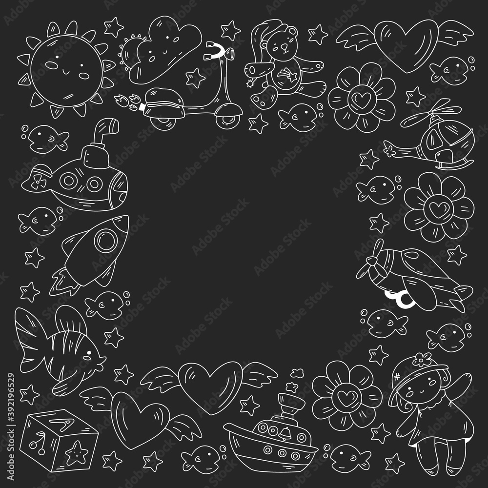 Kindergarten, toys vector pattern. Little children creativity and imagination. Online education, educational games. Kindergarten, toys vector pattern. Little children creativity and imagination. Online education, educational games.