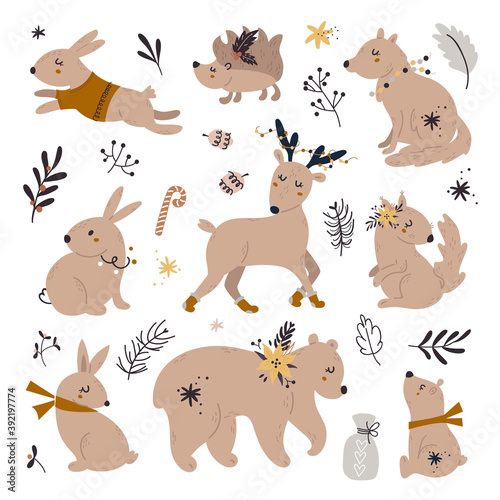 Set of cute woodland animals packing with Christmas decorations