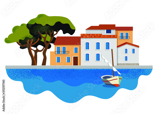 Mediterranean landscape with town and boat flat style