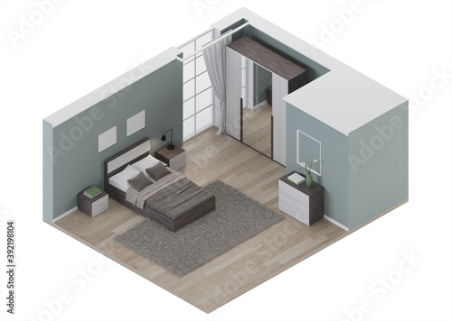 Modern interior of a bedroom with light green walls. Interior in orthogonal projection. View from above. 3D rendering.