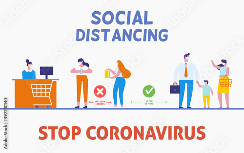 People in face masks shopping at supermarket during COVID-19 epidemic. Distancing queue at cashier. Concept of social distancing, virus prevention, wearing mask, buy foods and supplies. flat vector