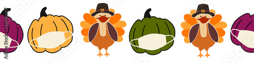 Thanksgiving Turkey and Pumpkins wearing a face mask seamless Vector Border. Coronavirus pattern design. Covid 19 virus autumn art for Holiday 2020 decoration, invitation, greeting cards, face mask
