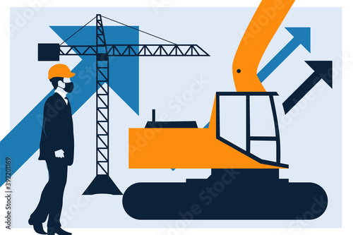 Construction site business success. Construction machine and crane, businessman with helmet and medical mask. Coronavirus COVID-19 pandemic.