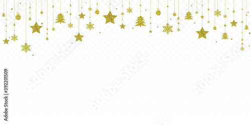 Gold garland in grunge style on a white transparent background. Element for festive winter design.